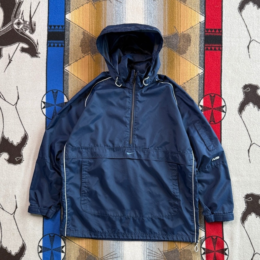 Vintage Nike Half Zip Windbreaker Navy Blue Pullover Hooded Jacket Mens M